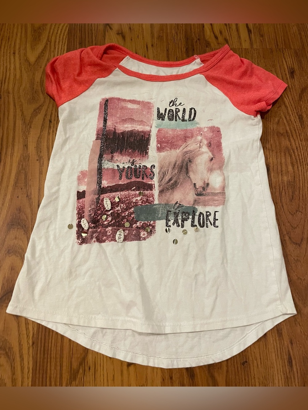 Justice White Tee with Coral Raglan Sleeves and Horse Graphic Super Cute